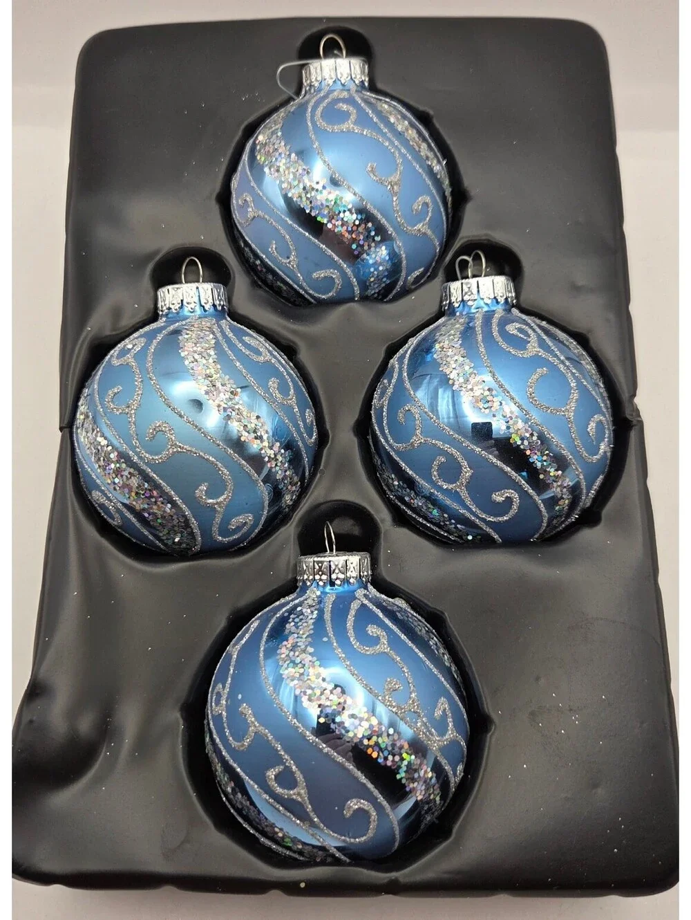 Set of 4 Blue Glass Christmas Ball Ornaments 2.5